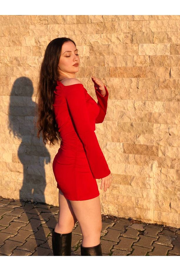Kadın Tek Omzu Açık Büzgülü Sandy Elbise - 8