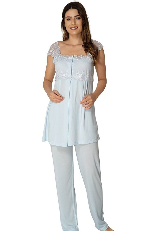 Women's Blue Lace Strap Cotton Maternity Maternity Pajamas Set