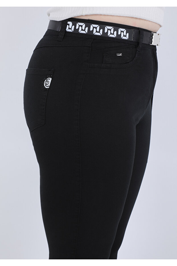 Kadın Kemerli- Nakışlı Siyah  Denim Kot Pantolon - 3
