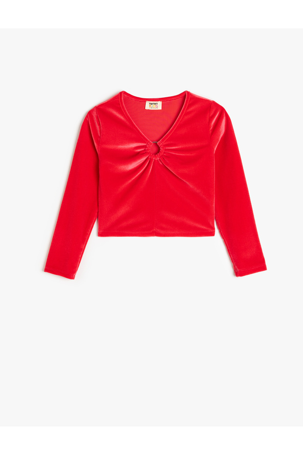 Long Sleeve V Neck Velvet Blouse with Buckle Detail