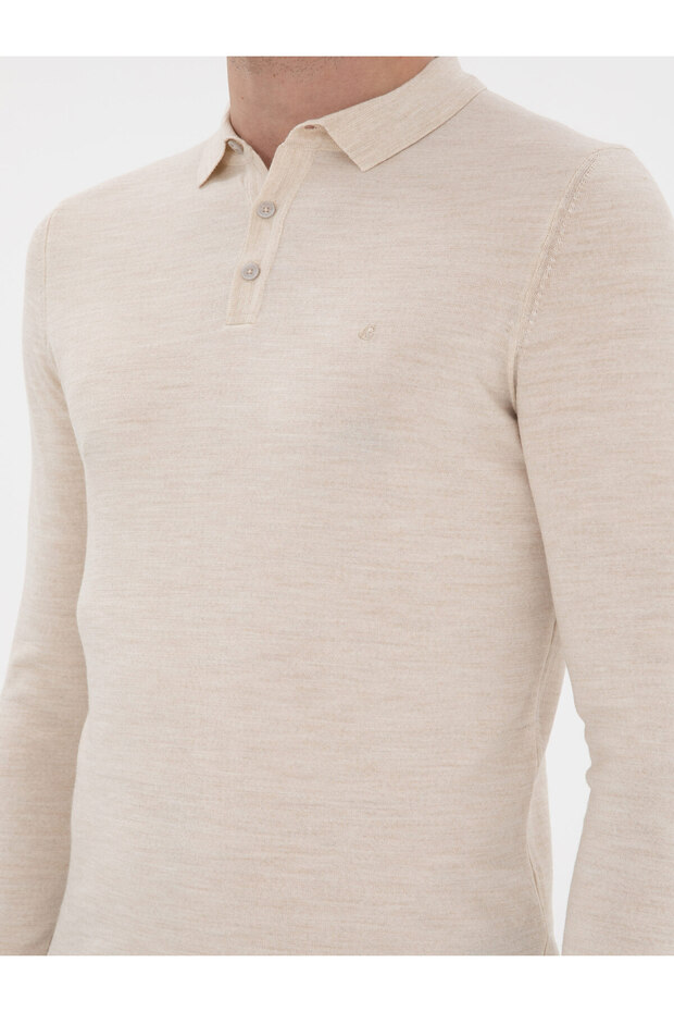 Bej Slim Fit Yün Karışımlı Polo Yaka Basic Triko Kazak 50293274-VR011 - 7