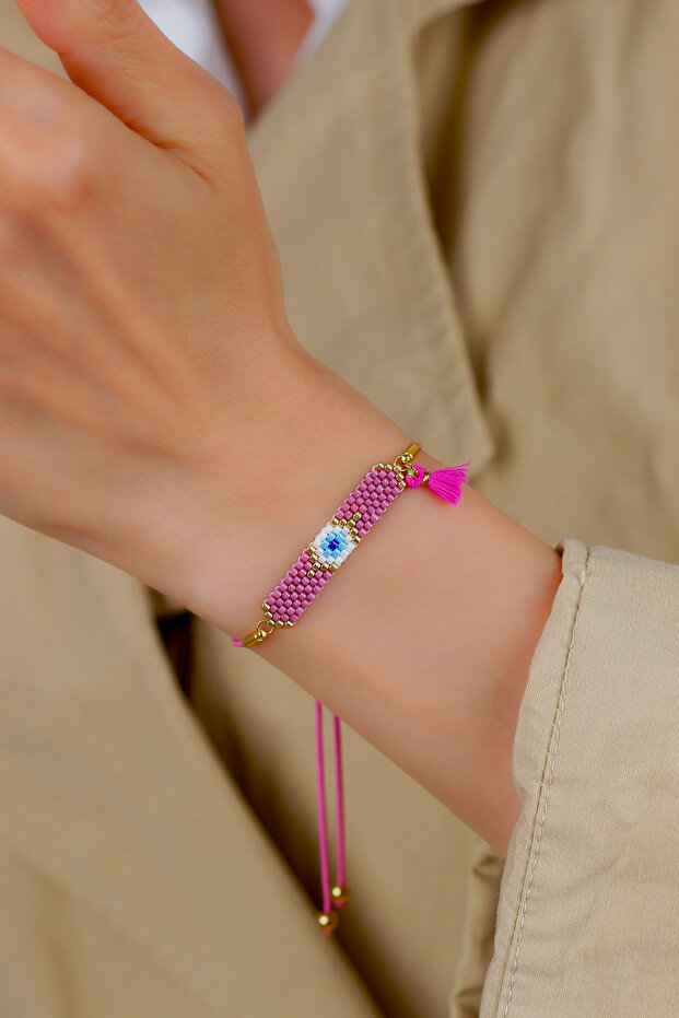 Ka-024 Miyuki Bracelet - Full Evil Eye Series with Tassels - Dried Rose