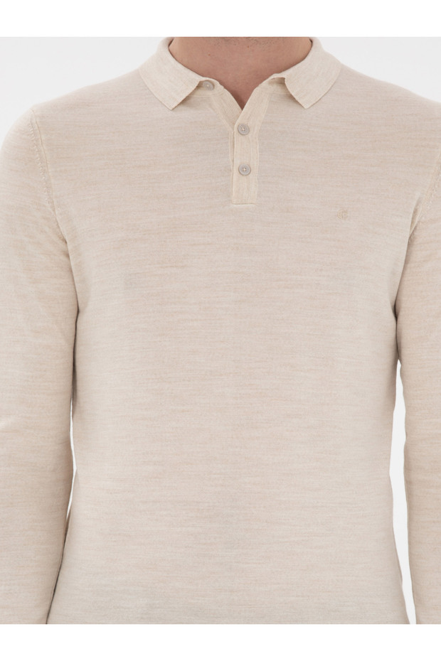 Bej Slim Fit Yün Karışımlı Polo Yaka Basic Triko Kazak 50293274-VR011 - 6
