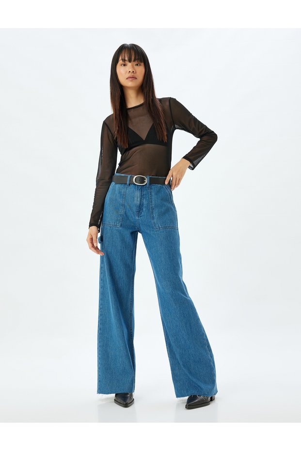 Wide Leg Jeans with Pocket Detail Regular Waist Cutout Leg Cotton - Wide Leg Jeans