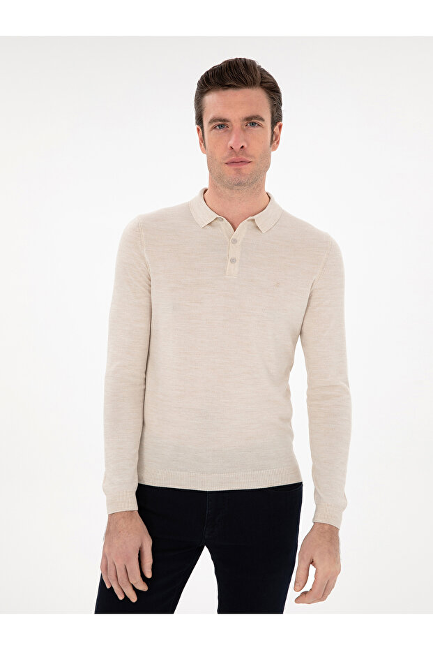 Bej Slim Fit Yün Karışımlı Polo Yaka Basic Triko Kazak 50293274-VR011 - 3