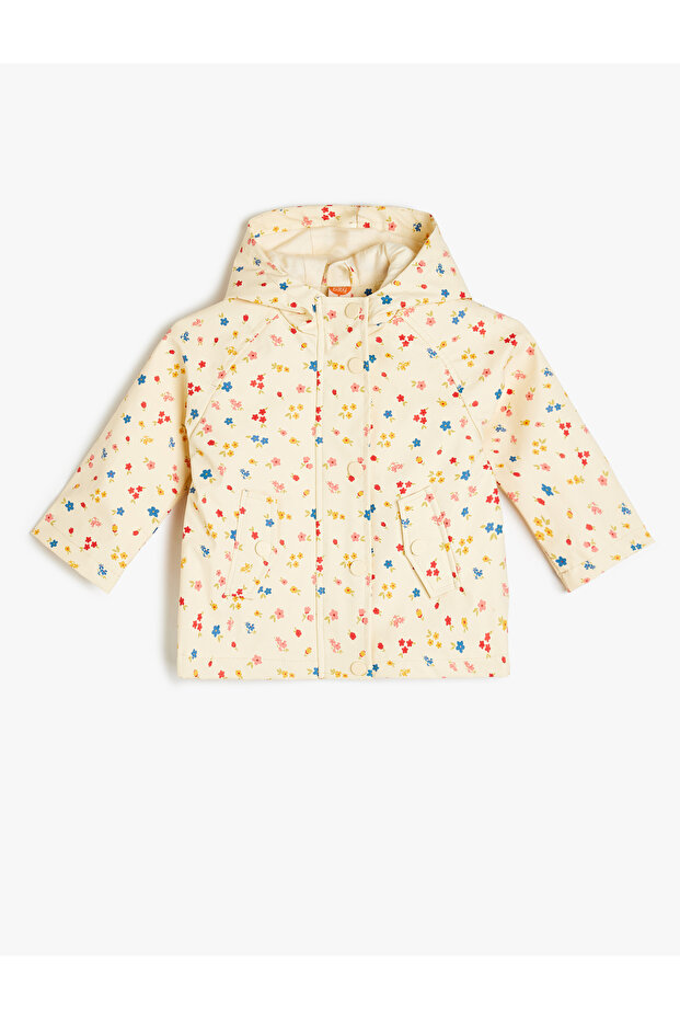 Floral Print Long Sleeve Pocket Detailed Hooded Raincoat