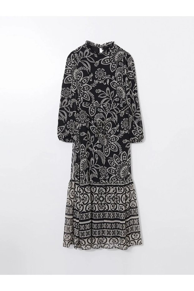 Lcwaikiki Classic Black Stand Collar Print Women's Dress