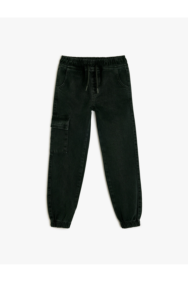 Cotton Flap Pocket Detailed Tie Waist Jogger Denim Trousers