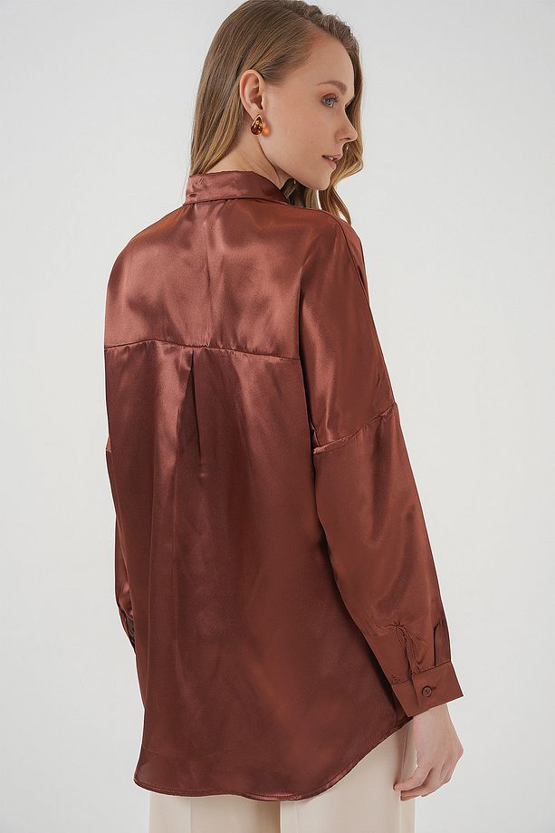 3985 Oversize Saten Gömlek - Taba - 6