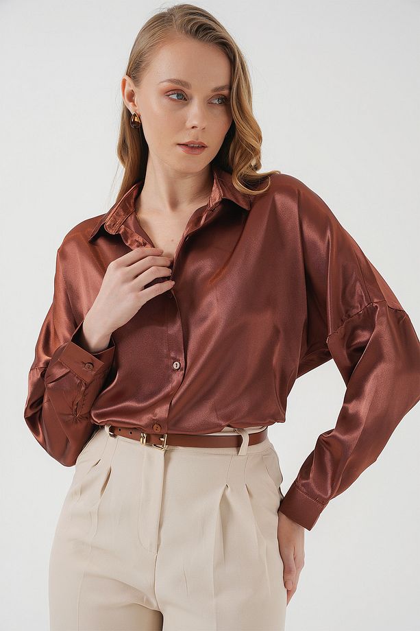 3985 Oversize Saten Gömlek - Taba - 4