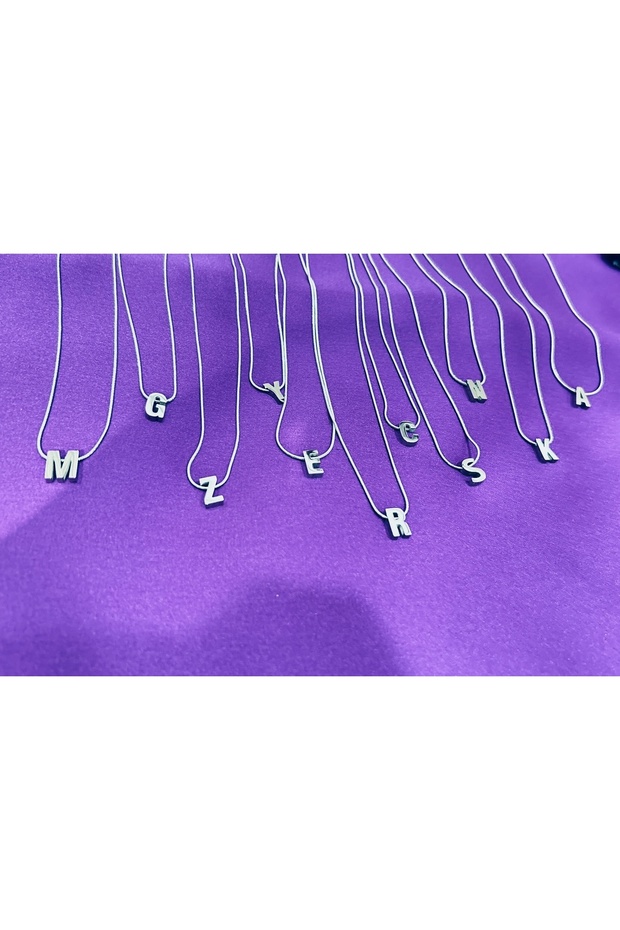 Çelik Gümüş Renk E Harfi Kolye - 5