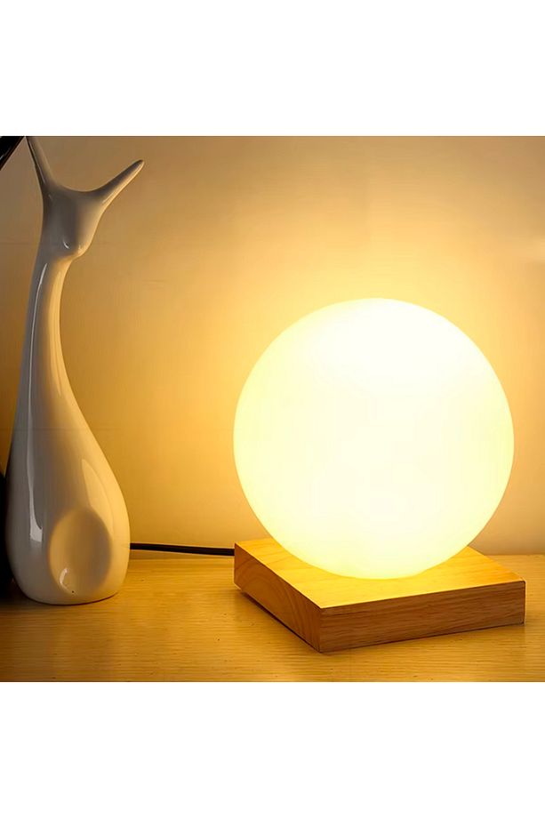 Küre Cam Gece Lambası Ahşap Taban Abajur - 1