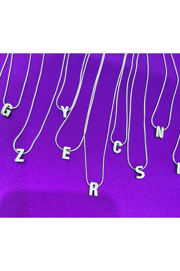 Çelik Gümüş Renk E Harfi Kolye - 6