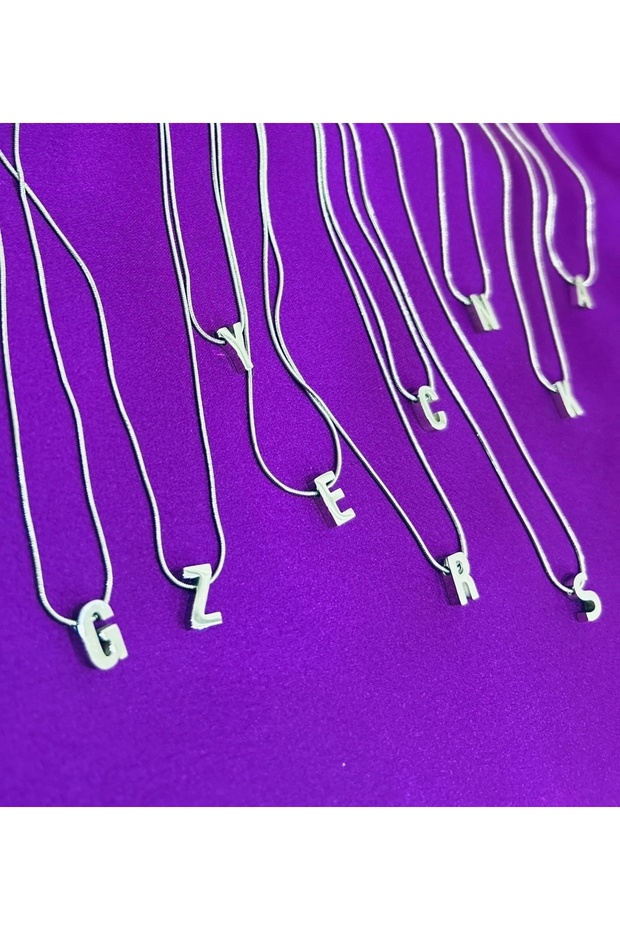 Çelik Gümüş Renk E Harfi Kolye - 7