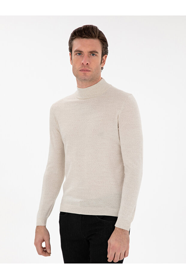 Bej Slim Fit Yün Karışımlı Yarım Balıkçı Yaka Basic Triko Kazak 50293281-VR011 - 1