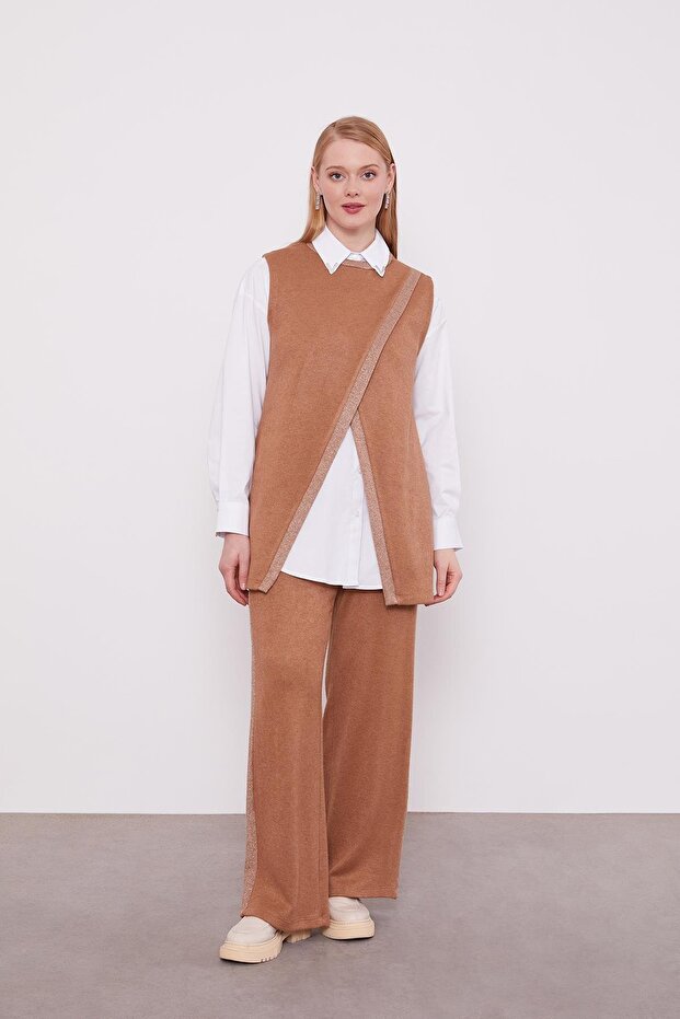 Beige Glitter Striped Shirt Three-Piece Cashmere Set