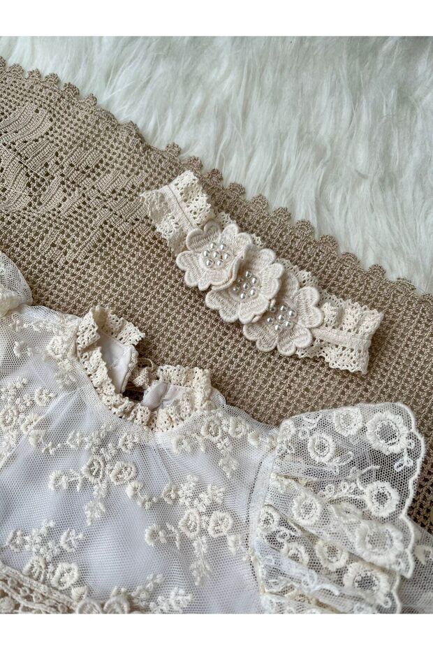 Krem Çi̇çekli̇ Romper Seti̇ - 3