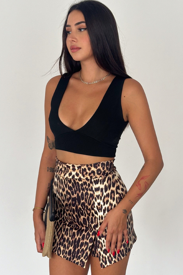 Kadın Toparlayıcı Yüksek Bel Leopar Desenli Önü Yırtmaçlı Şort Etek WRF0002 - 8