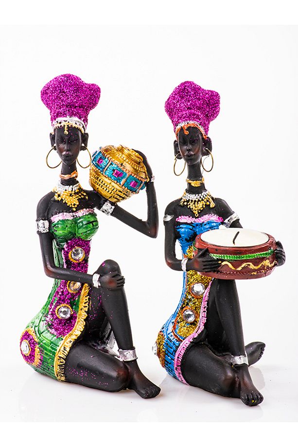 İkili Set Afrikalı Biblo & Tealight Mumluk, Polyester Dekoratif biblo set, 16x8x5 cm - 2