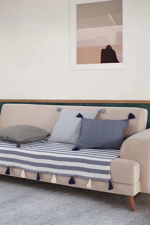 Moda Ponponlu Lacivert Koltuk Örtüsü 115x 200 cm Kanepe Divan Berjer Çekyat Örtüsü Şalı Püsküllü - 1