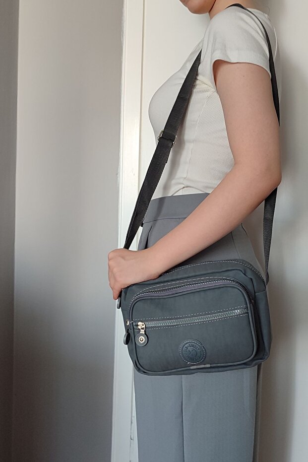 Gray Multi-Compartment Water-Resistant Crinkle Fabric Shoulder and Crossbody Women's Bag