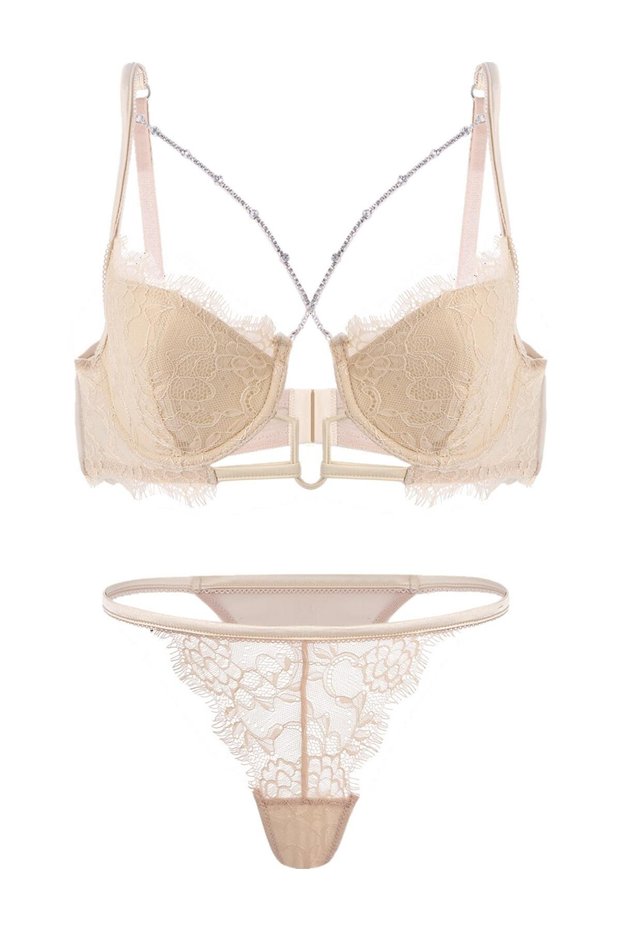 Lace Low-Cut Bra and Panty Set with Removable Accessories - Padded - Fashion - 2577 - Skin
