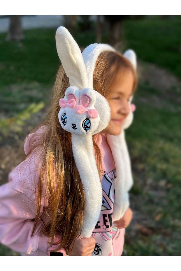 Cute Plush Rabbit Furry Moving Sound Pumping Earphones Children's Earphones White