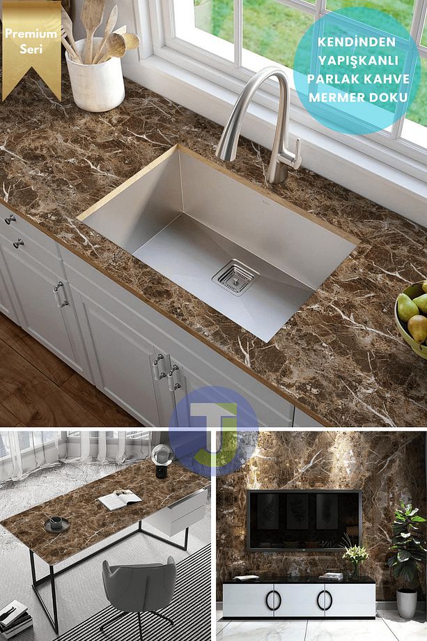 Kendinden yapışkanlı Mermer Desen Folyo Mutfak Banyo Tezgah Duvar Kaplama 60cmX100cm - 5
