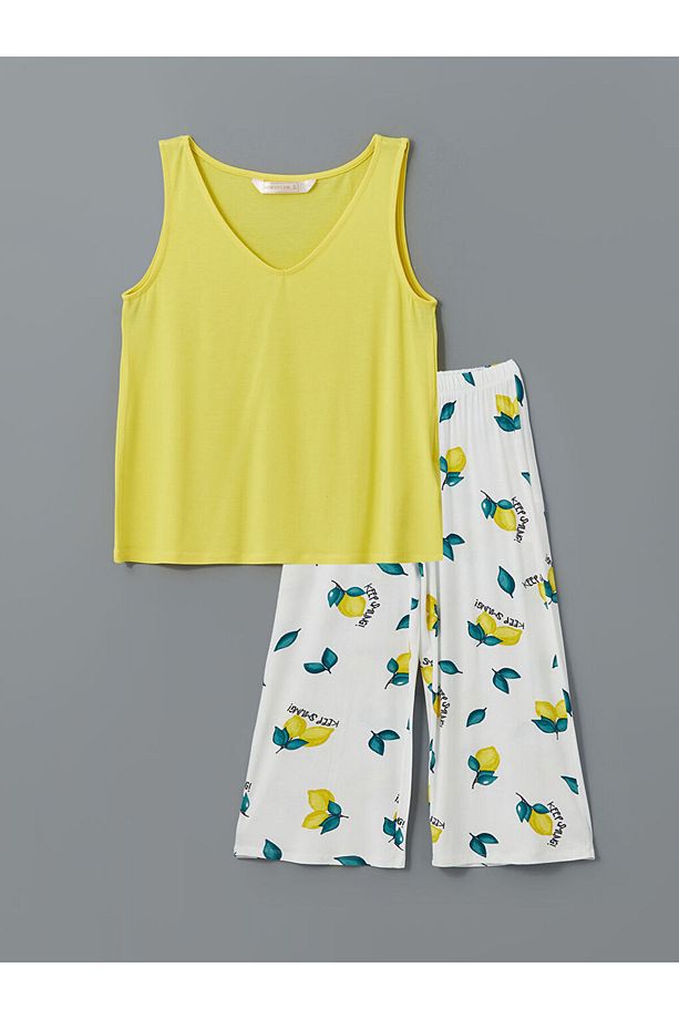 V Yaka Baskılı Kadın Pijama Takımı - 5