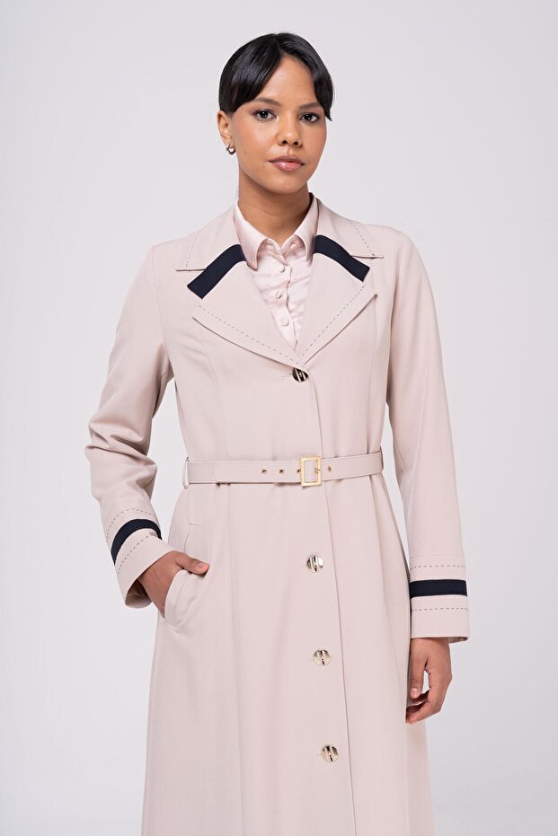 Men's Collar Point and Belt Detailed Lined Top Coat BEIGE 6552