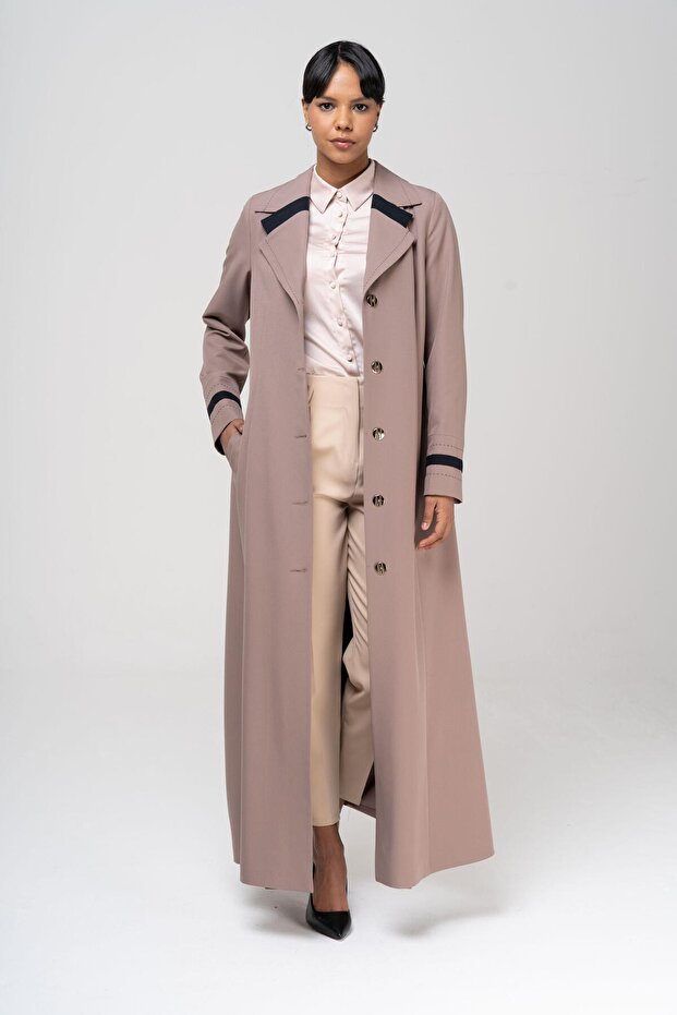 Men's Collar Point and Belt Detailed Lined Top Coat MINK 6552