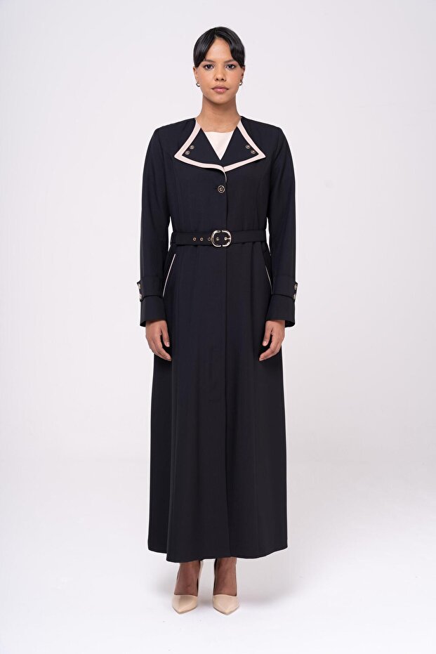 Handkerchief Collar Garni and Belt Detailed Lined Top Coat BLACK 6549