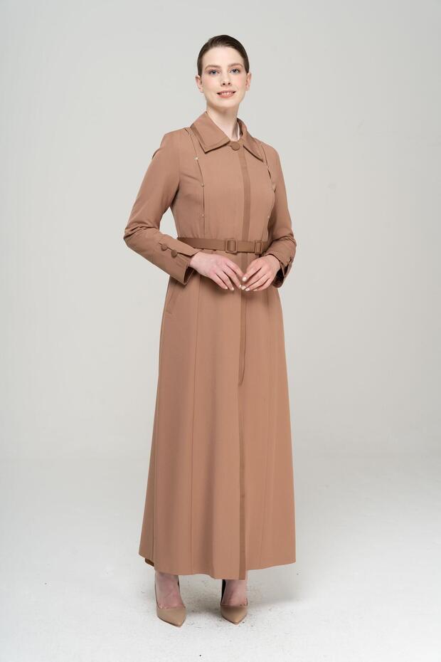Shirt Collar Satin and Accessory Detailed Lined Top Coat KAMEL 6562