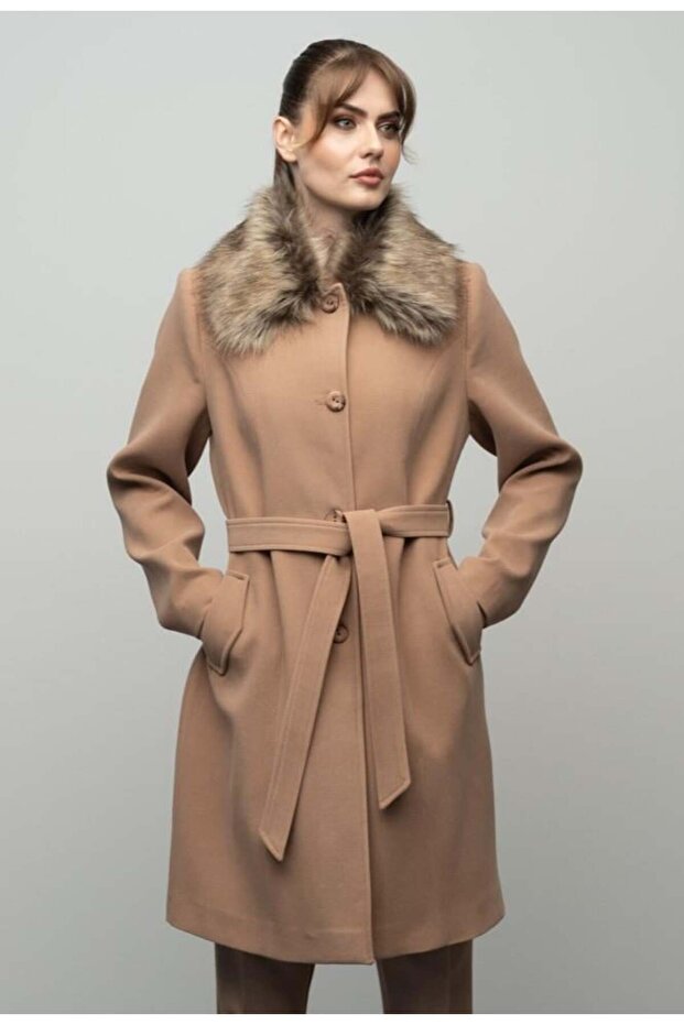 Detachable Collar Fur Plus Size Coat Kamel 3004