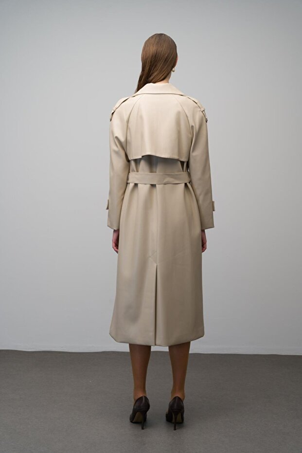 Epaulet und Cape Detaillierte Reglan Ärmel Zweireiher Leder Trenchcoat BEIGE 6610 - 8