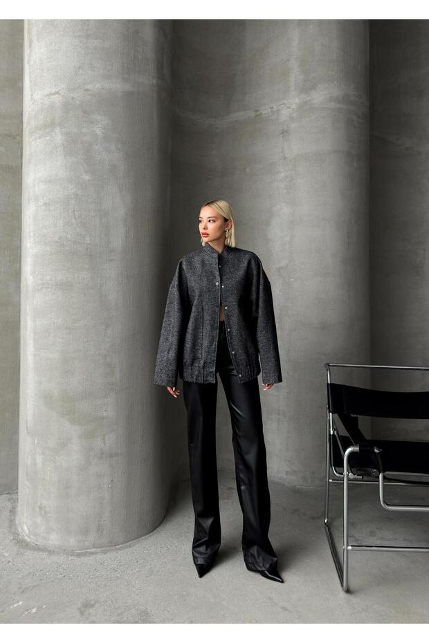 Houndstooth Patterned Snap-On Bomber Jacket - Anthracite 8234 - 2