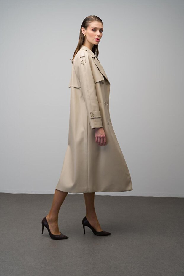 Epaulet und Cape Detaillierte Reglan Ärmel Zweireiher Leder Trenchcoat BEIGE 6610 - 7