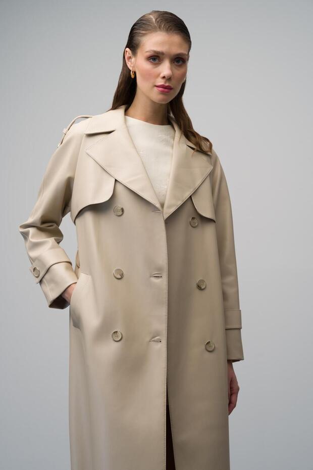 Epaulet und Cape Detaillierte Reglan Ärmel Zweireiher Leder Trenchcoat BEIGE 6610 - 6