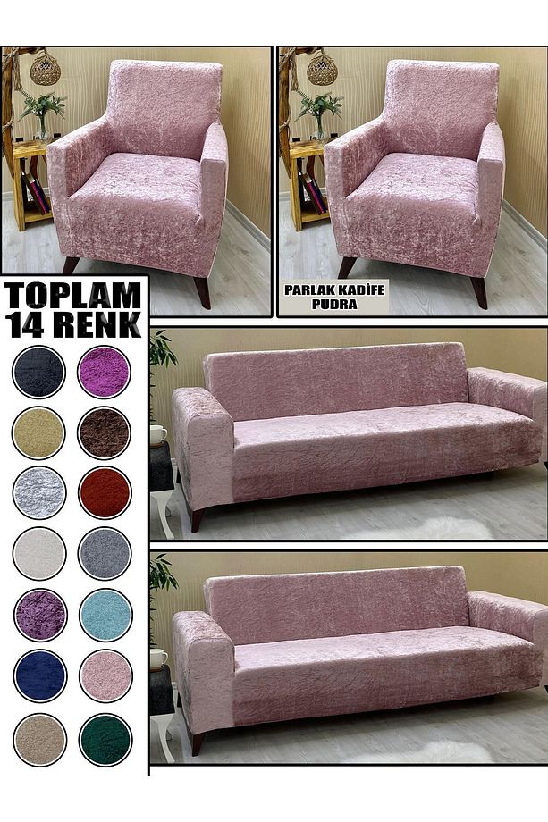 PARLAK KADİFE KUMAŞ 2 ADET ÜÇLÜ & ÇEKYAT- 2 ADET TEKLİ SET KOLTUK KILIFI - 1