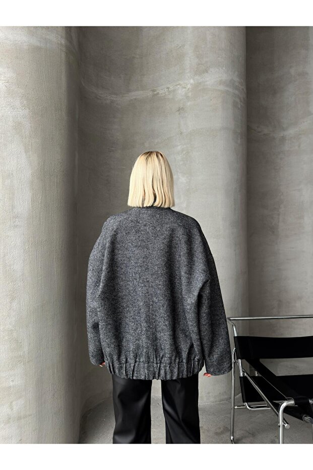 Houndstooth Patterned Snap-On Bomber Jacket - Anthracite 8234 - 7