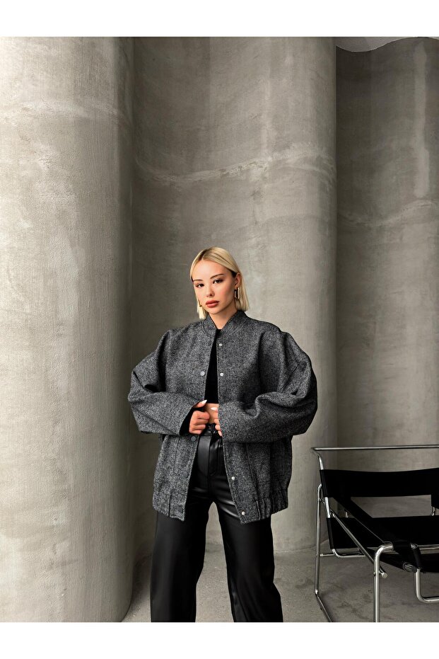 Houndstooth Patterned Snap-On Bomber Jacket - Anthracite 8234 - 1