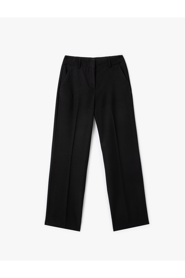Straight Wide Leg Fabric Pants with High Waist Pockets