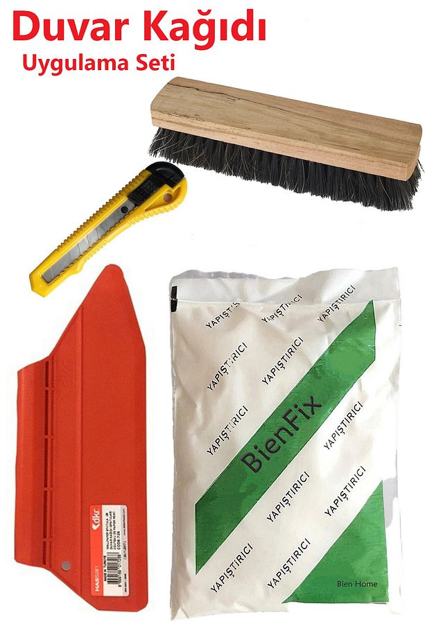 4'lü Süper Set Duvar Kağıdı Uygulama Seti Yapıştırıcısı-125 Gram Tutkal-Spatula-Ahşap fırça-Falçata - 1