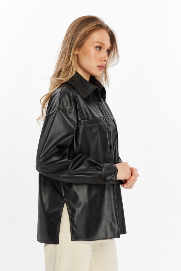 Black Contrast Stitching Faux Leather Shirt