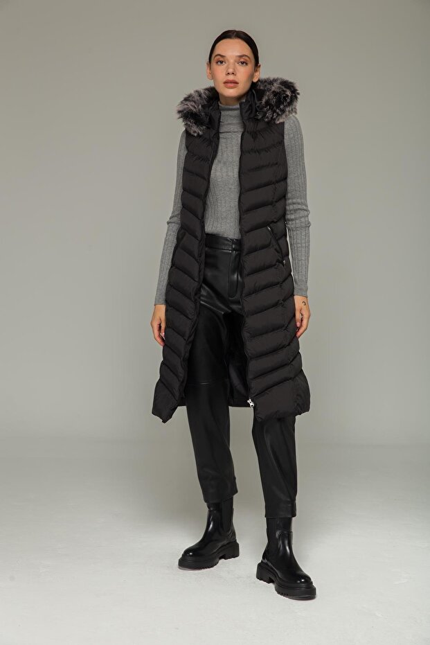 Black Inflatable Vest - Hooded Fur, Model 8187