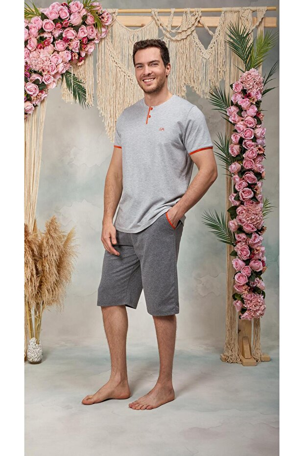 Men's Gray Button Lapel Shorts T-Shirt Pajamas Set 25Y4567