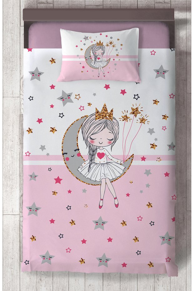 BABY AND KIDS ROOM Princess Girl Sitting on the Moon Patterned Pink Bedspread