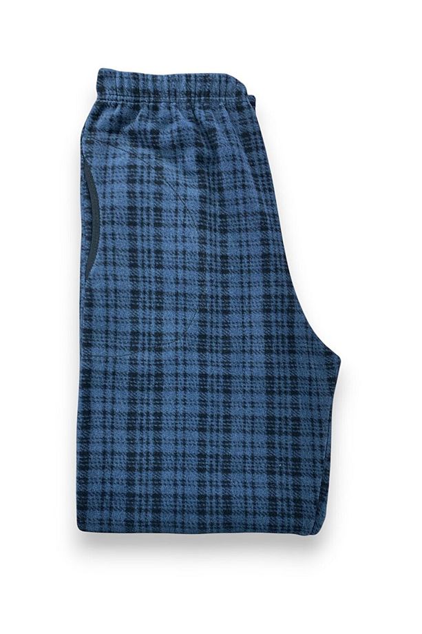 Erkek Mavi Ekose Polar Cepli Kışlık Kalın Yüksek Kaliteli Pijama Altı - 4