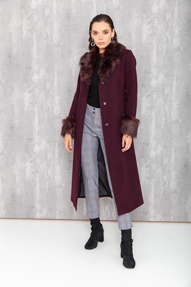 معطف رجالي متوسط الطول بياقة وأكمام من الفرو المتنقل، لون أرجواني 3636 - 1