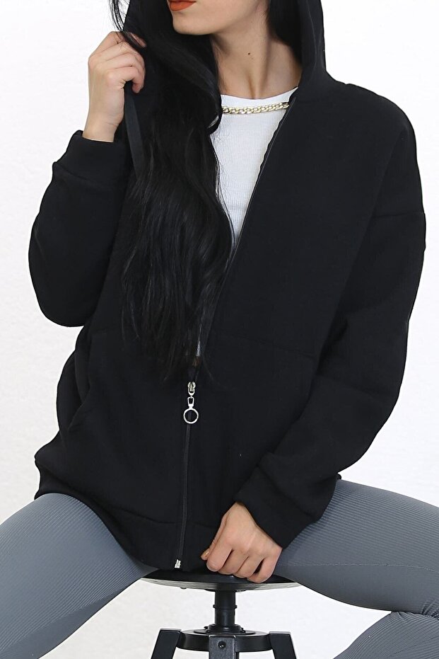 Kapüşonlu Fermuarlı Sweat Siyah - 6